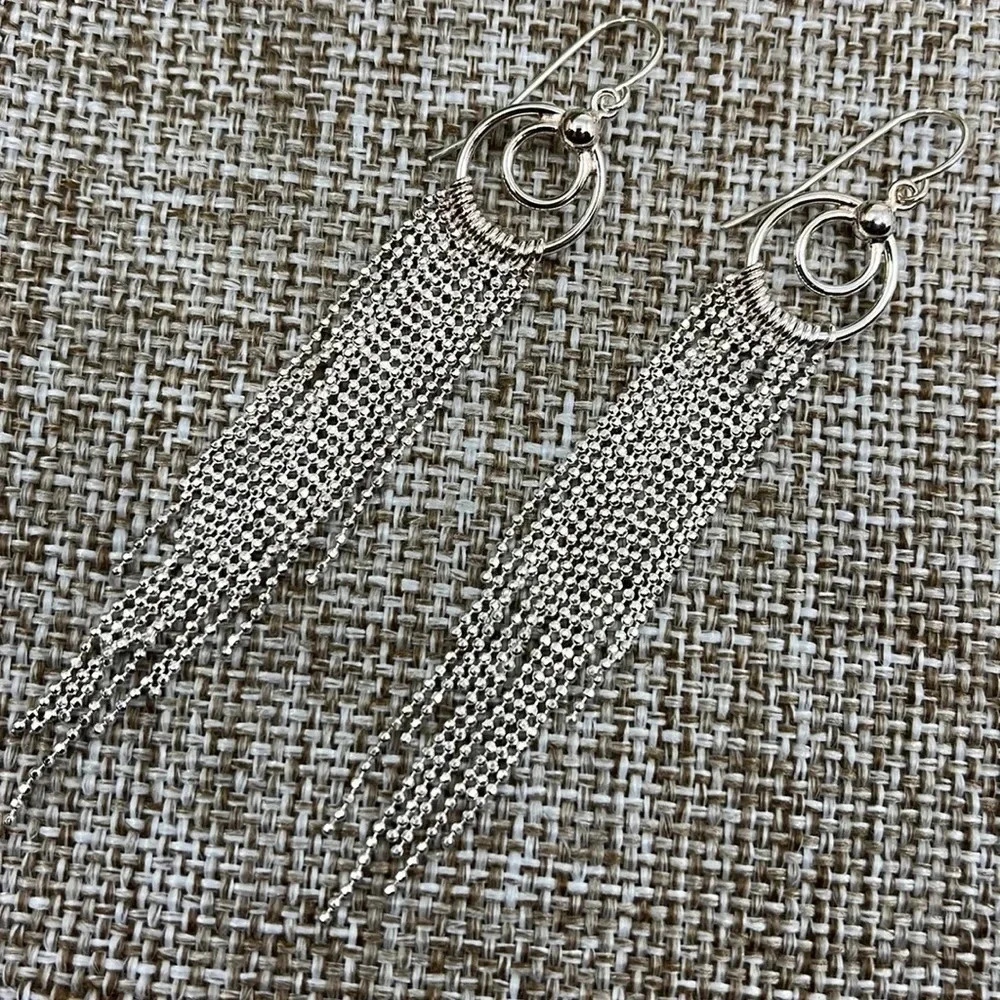 Vintage 925 Long Tassel Dangle Earrings with Elegant Silver Fringe Design - Picture 4 of 8